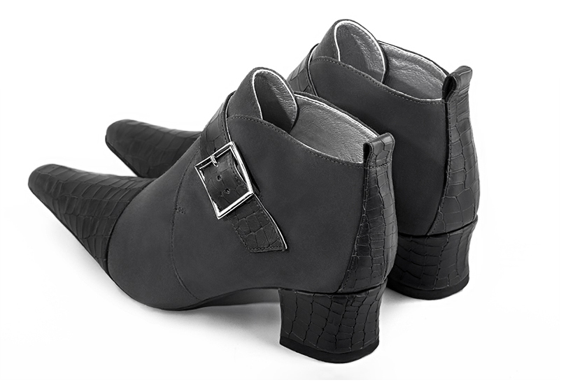 Dark grey women's ankle boots with buckles at the front. Tapered toe. Low kitten heels. Rear view - Florence KOOIJMAN